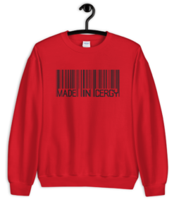 Made in Cergy 16 CODEBARRE DEFFINAL 2 1 mockup Front On Hanger Red
