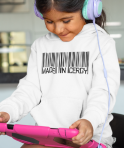 Made in Cergy 36 mockup of a little girl with headphones wearing a pullover hoodie 33887