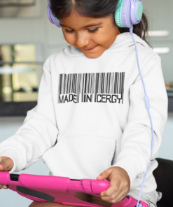 mockup of a little girl with headphones wearing a pullover hoodie 33887
